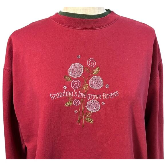 Vintage Grandmas Love Grows Forever Embroidered Sweatshirt L Red Granny 80s - Picture 9 of 10